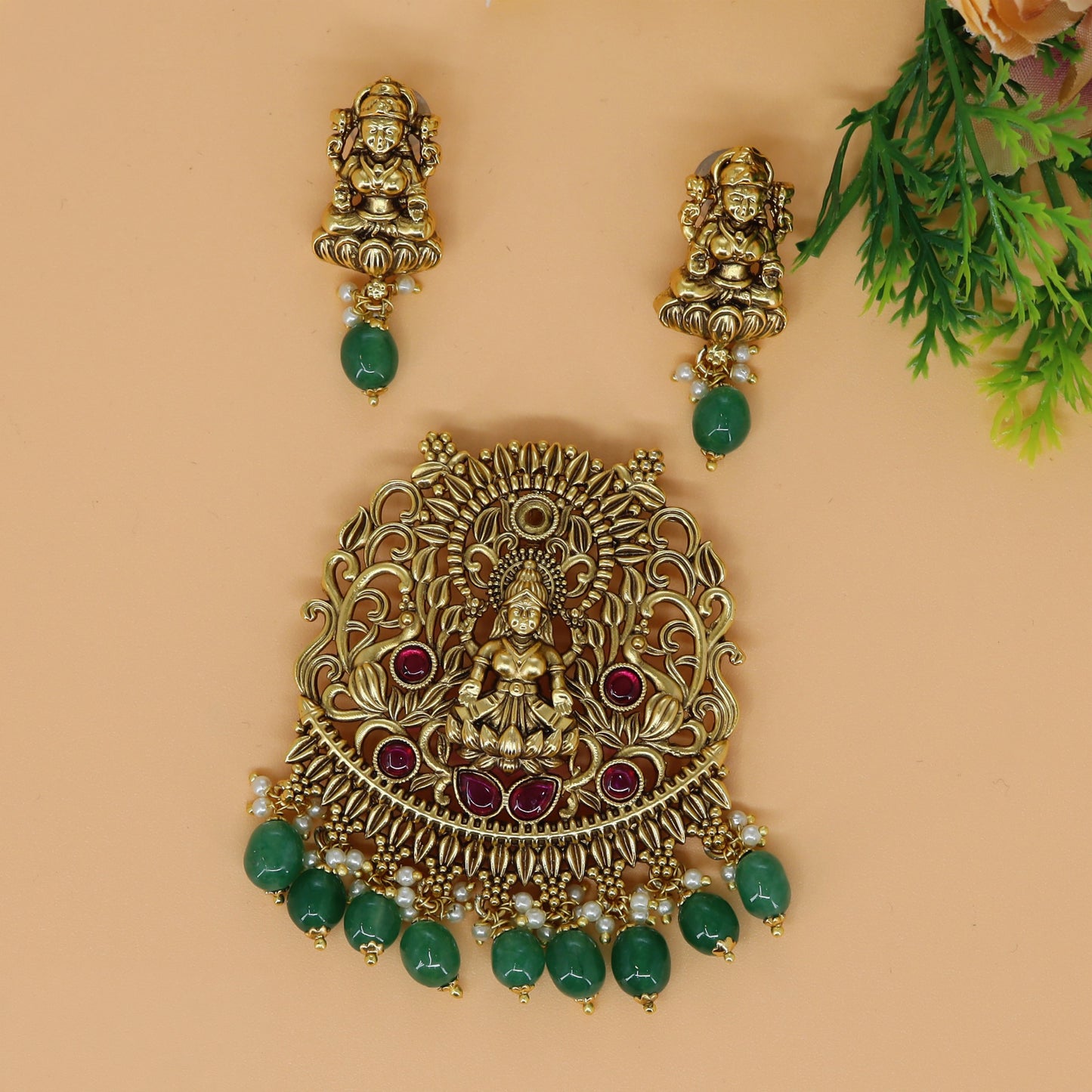 Lakshmi pendant set with ornate goddess centre and graceful hanging beadwork