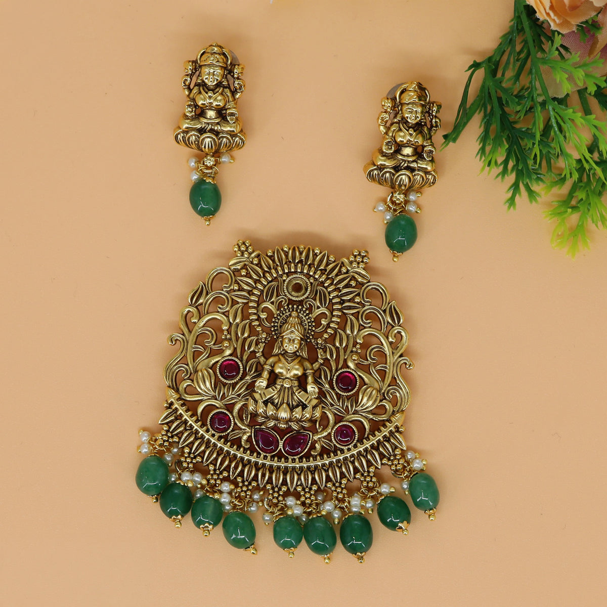 Lakshmi pendant set with ornate goddess centre and graceful hanging beadwork