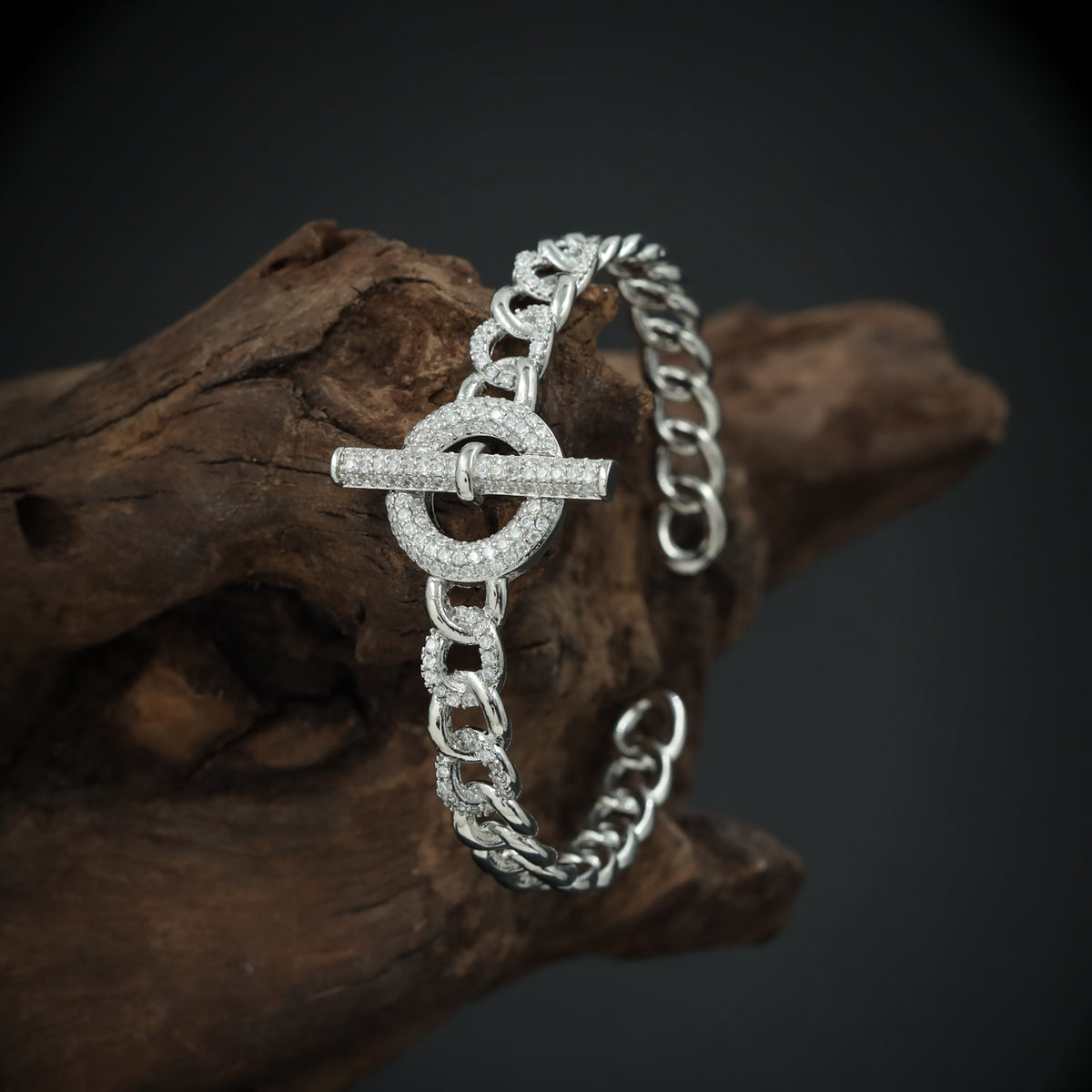 Chunky Link Bracelet with Circular Toggle Accent and Textured Surface Finish