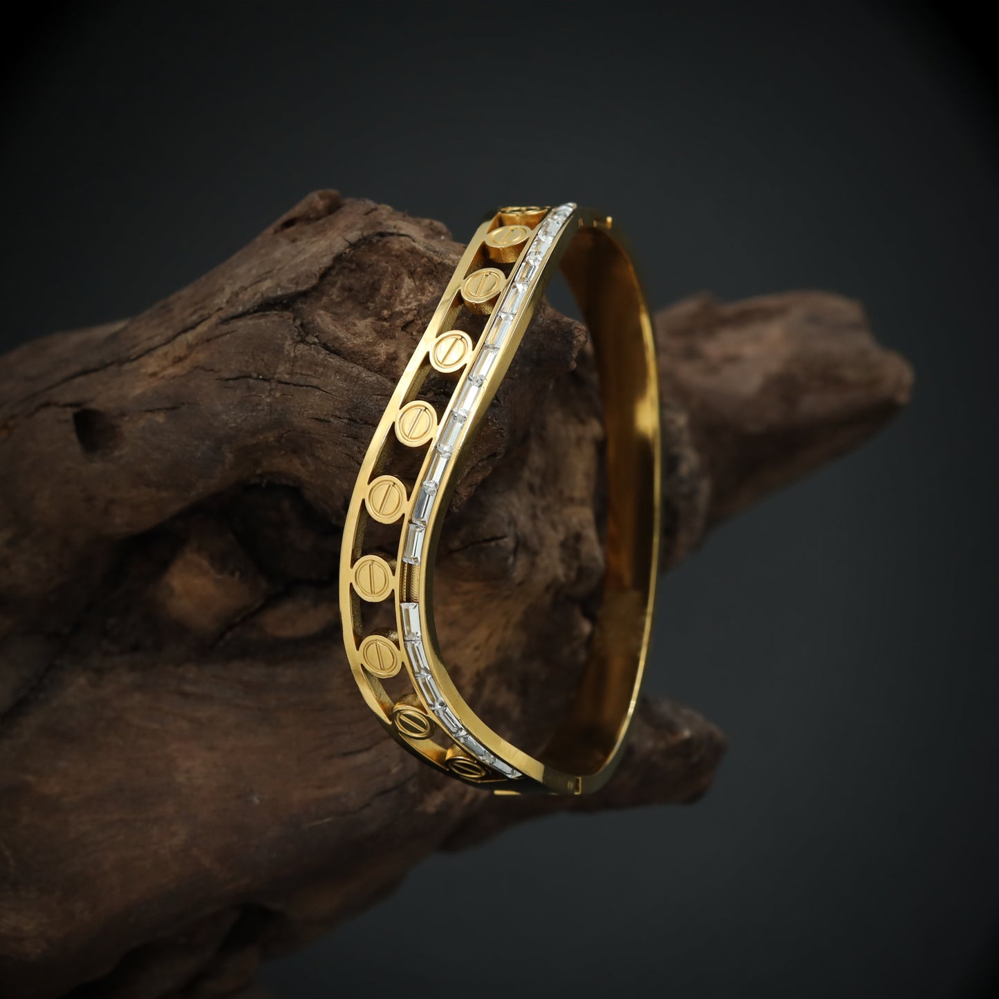 Architectural Design Bracelet with Open Panel Layout and Linear Accent Row
