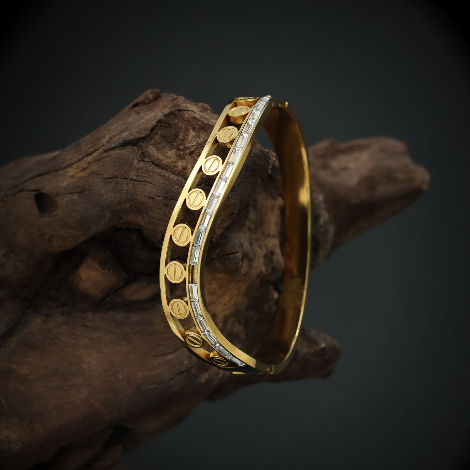 Architectural Design Bracelet with Open Panel Layout and Linear Accent Row