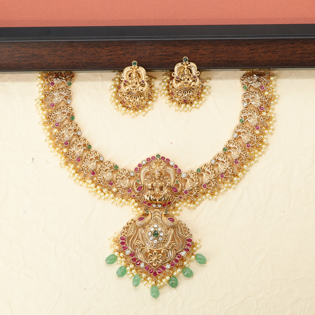 Mandira Arch Lakshmi Haaram with Granulated Panels and Bead Cascade