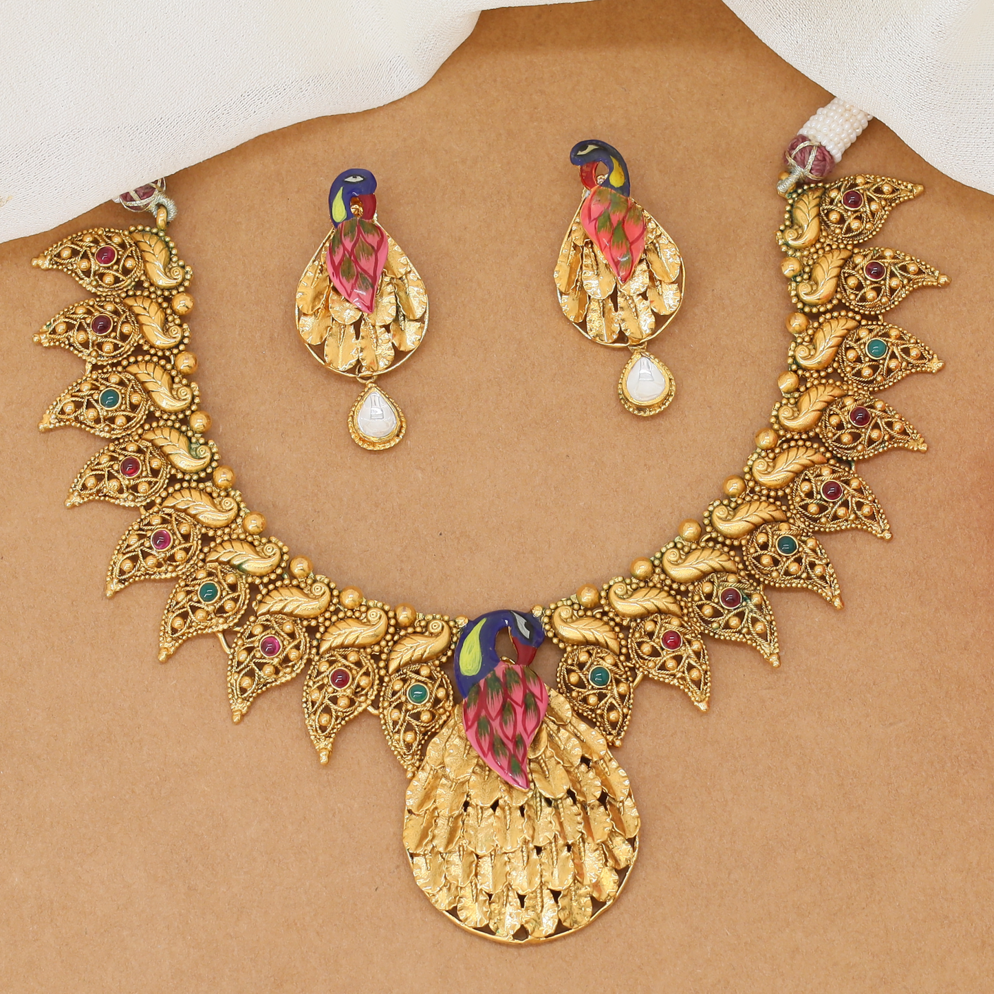 Grand Mayura Emblem Necklace with Articulated Feather Disc and Rounded Bead Edging
