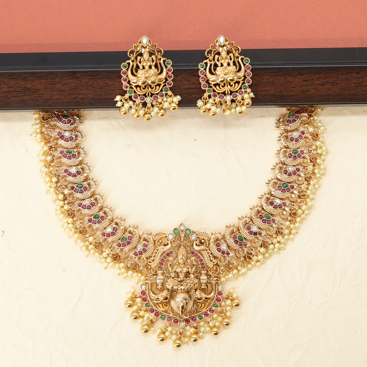 Simha Valli Deity Necklace with Arched Shrine Medallion and Droplet Garland