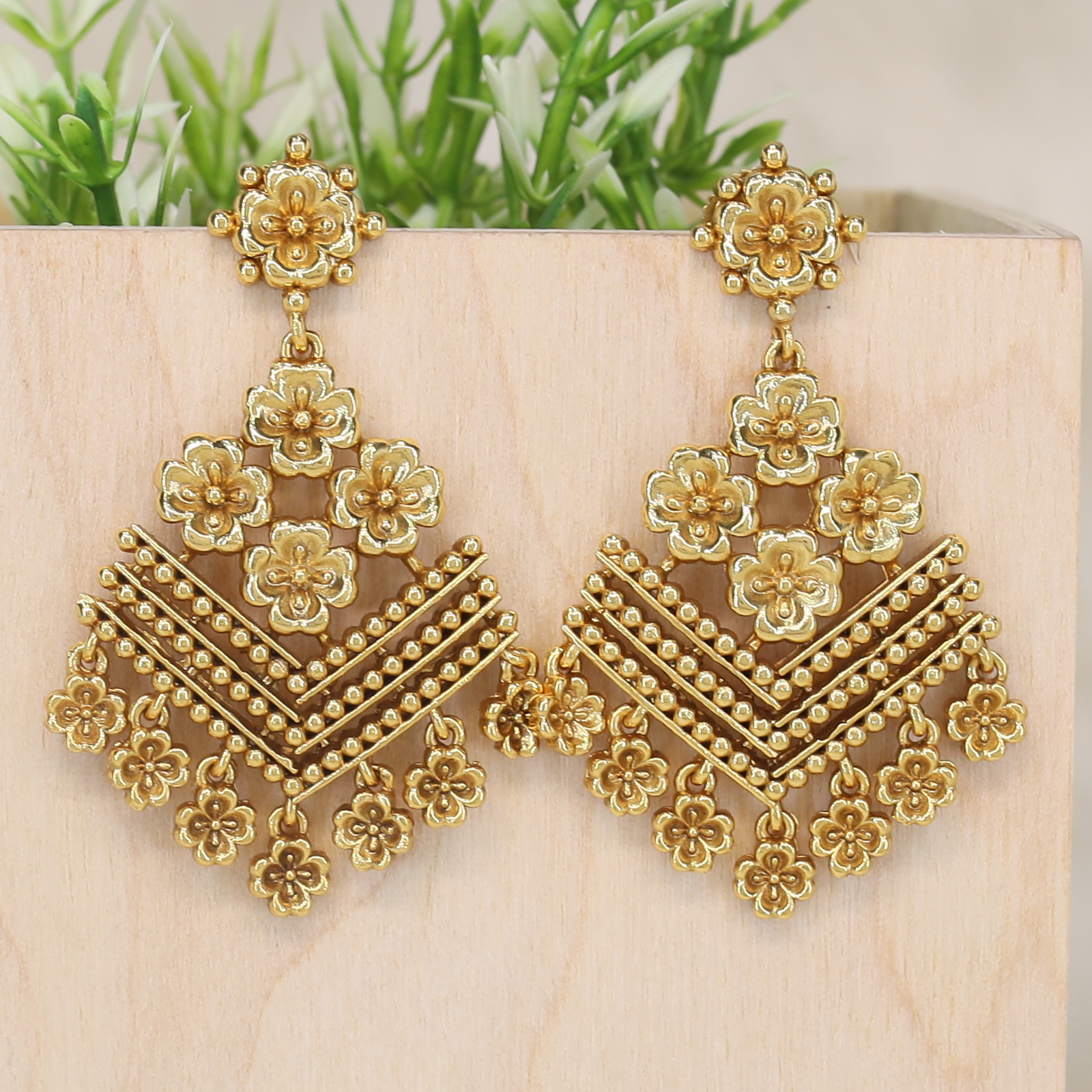 Lotus-Carved Floral Stud Forming a Tiered Blossom Cluster Hanging