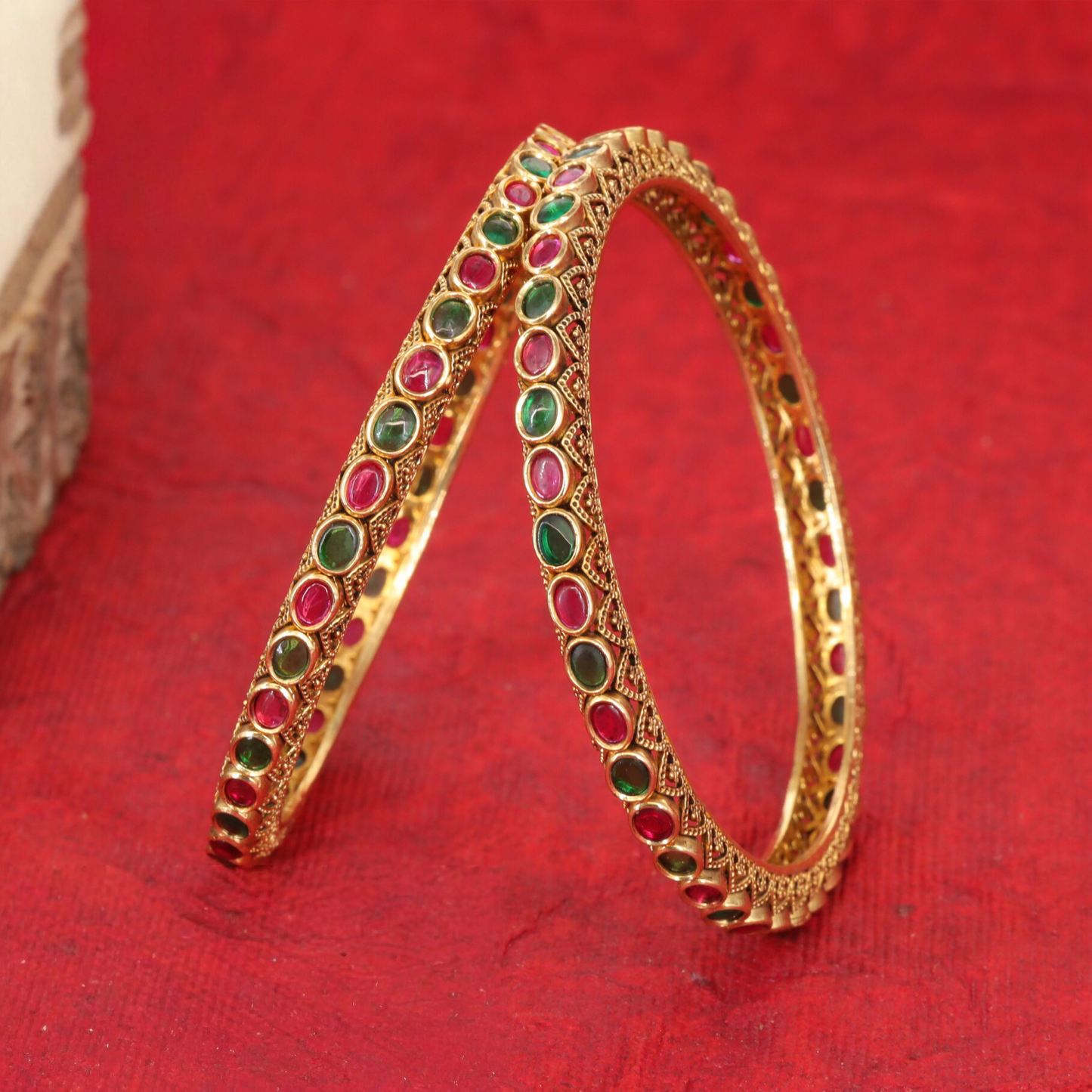 Divyarekha Antique Ruby Emerald Temple Bangles with Ornamental Texture