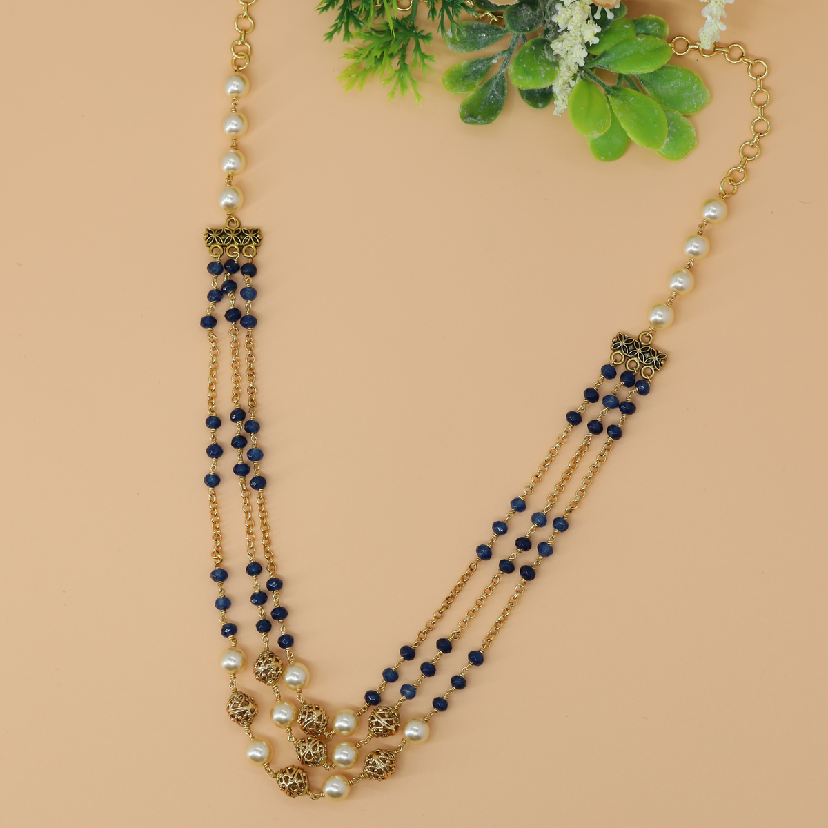 Traditional Beaded Long Chain with Triple Chain Flow and Pearl Drops