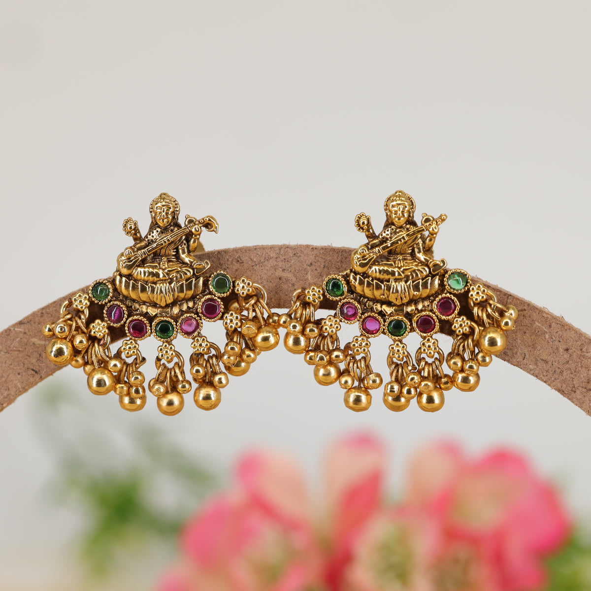 Prabhavali Saraswati Veena Motif Stud Earrings with Dangling Bead Clusters