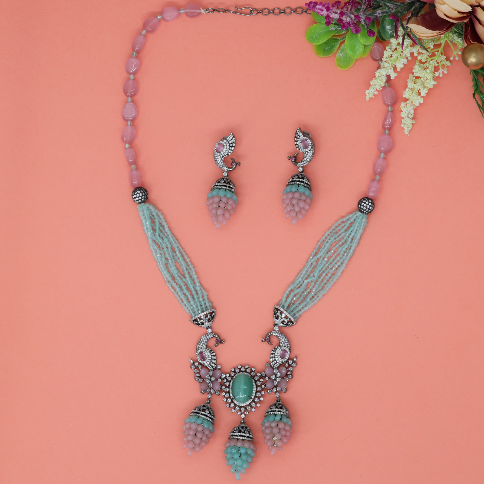 Festive Crystal Beaded Long Haara Necklace with Ornamental Centrepiece