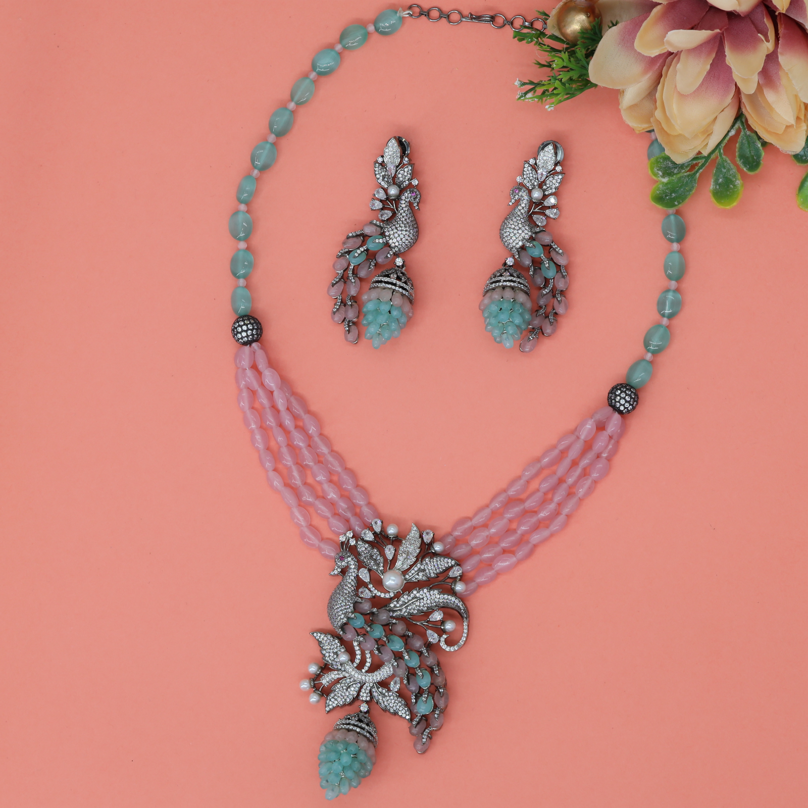 Luxury Crytalstal Beaded Long Haara with Ornamental Peacock Motif Centrepiece