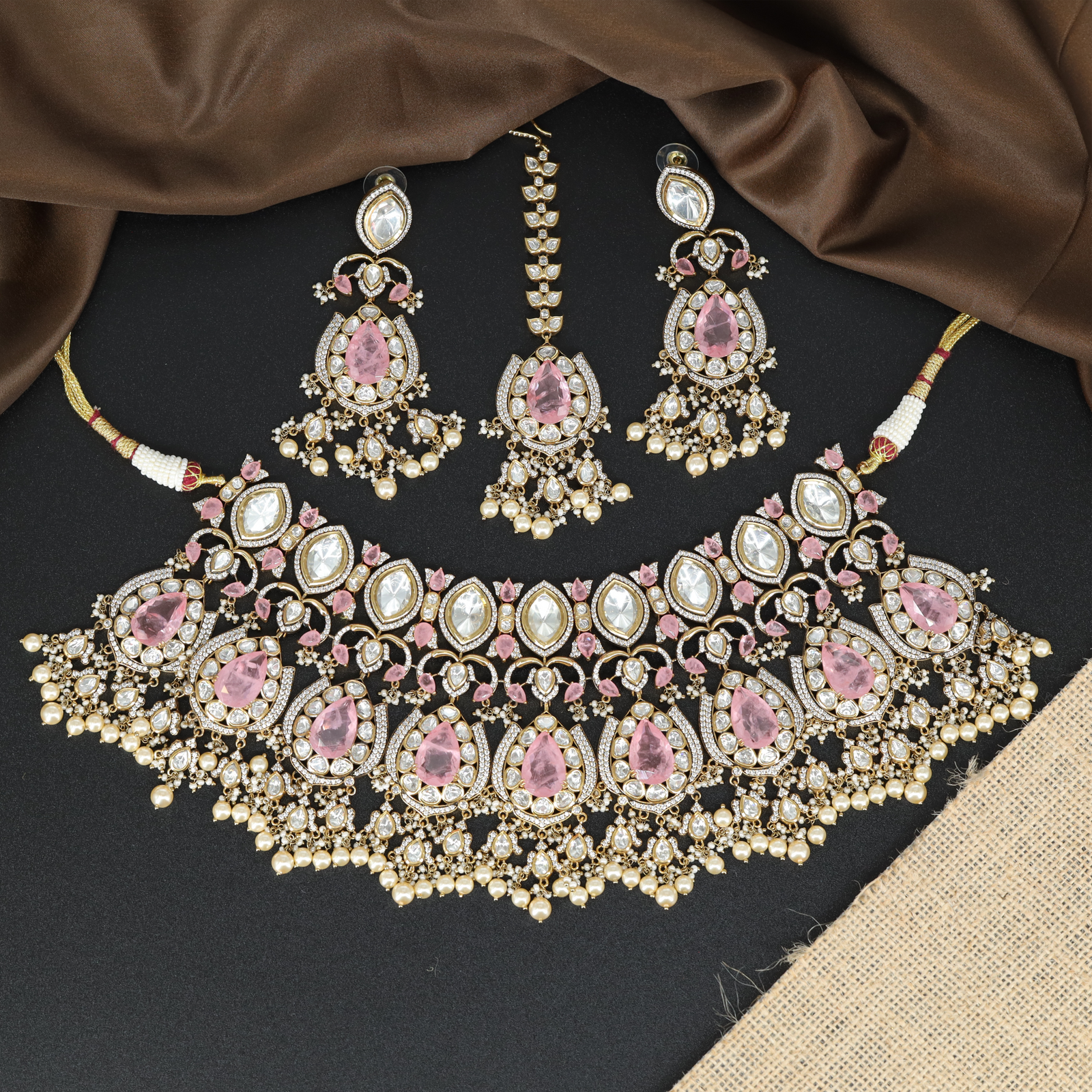 Aurielle Teardrop Crest Choker with Dense Crystal Framework and Bead Fringe