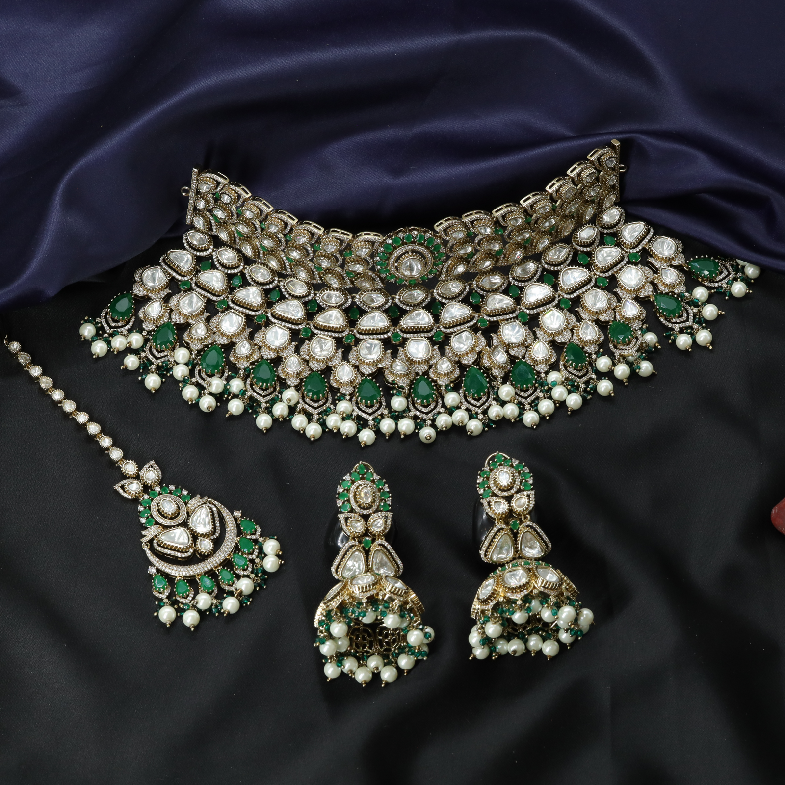 Aurielle Regal Collar Choker with Layered Motif Rows and Pearl Bead Fringe