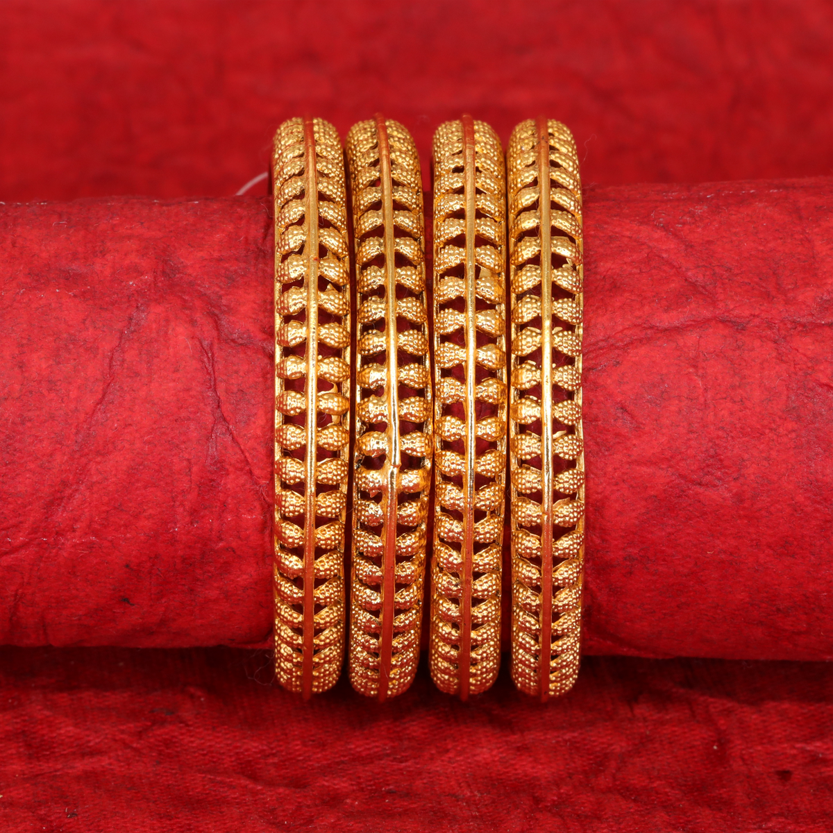 Kanchana Braided Texture Matt Bangles with Repeating Leaf Link Pattern