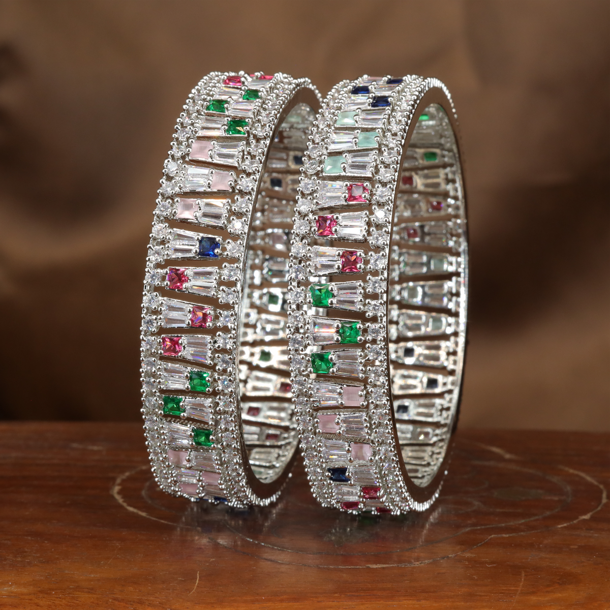 Radiant Baguette Pattern Rhodium Bangles with Alternating Accent Panels