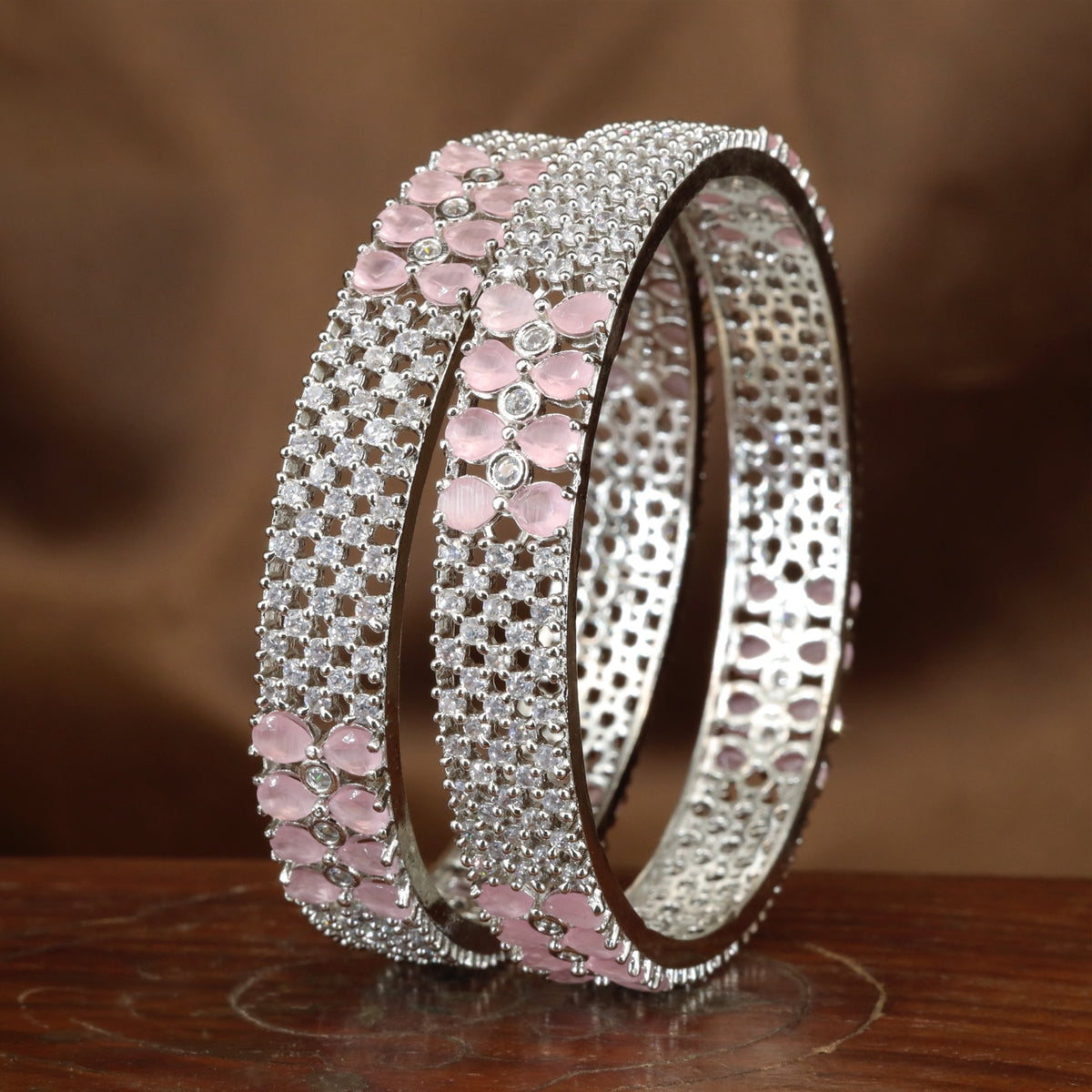 Classic Rhodium Bangles With Detailed Stone Embellishments