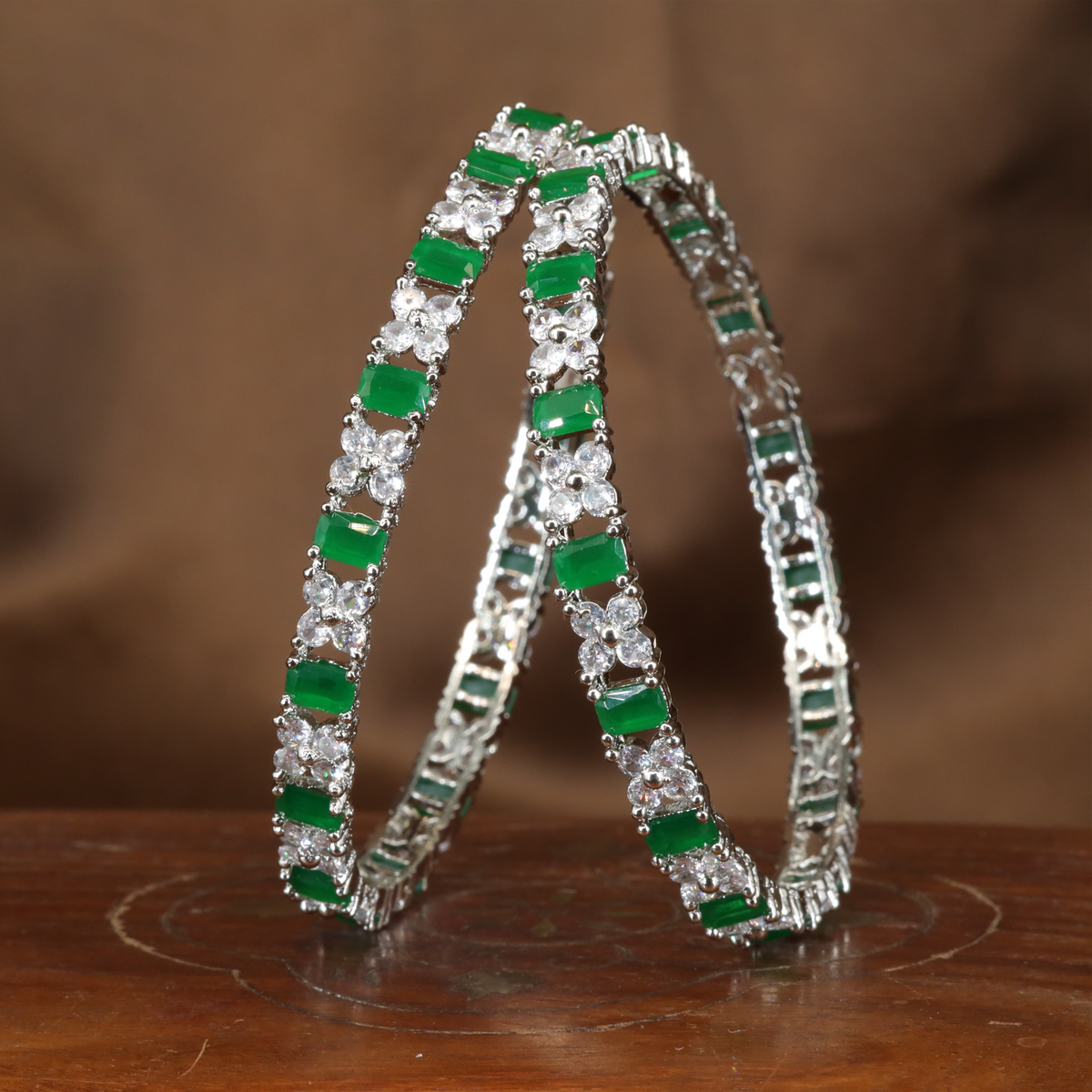 Decorative Crystal Flower Rhodium Bangles with Linear Motif Structure