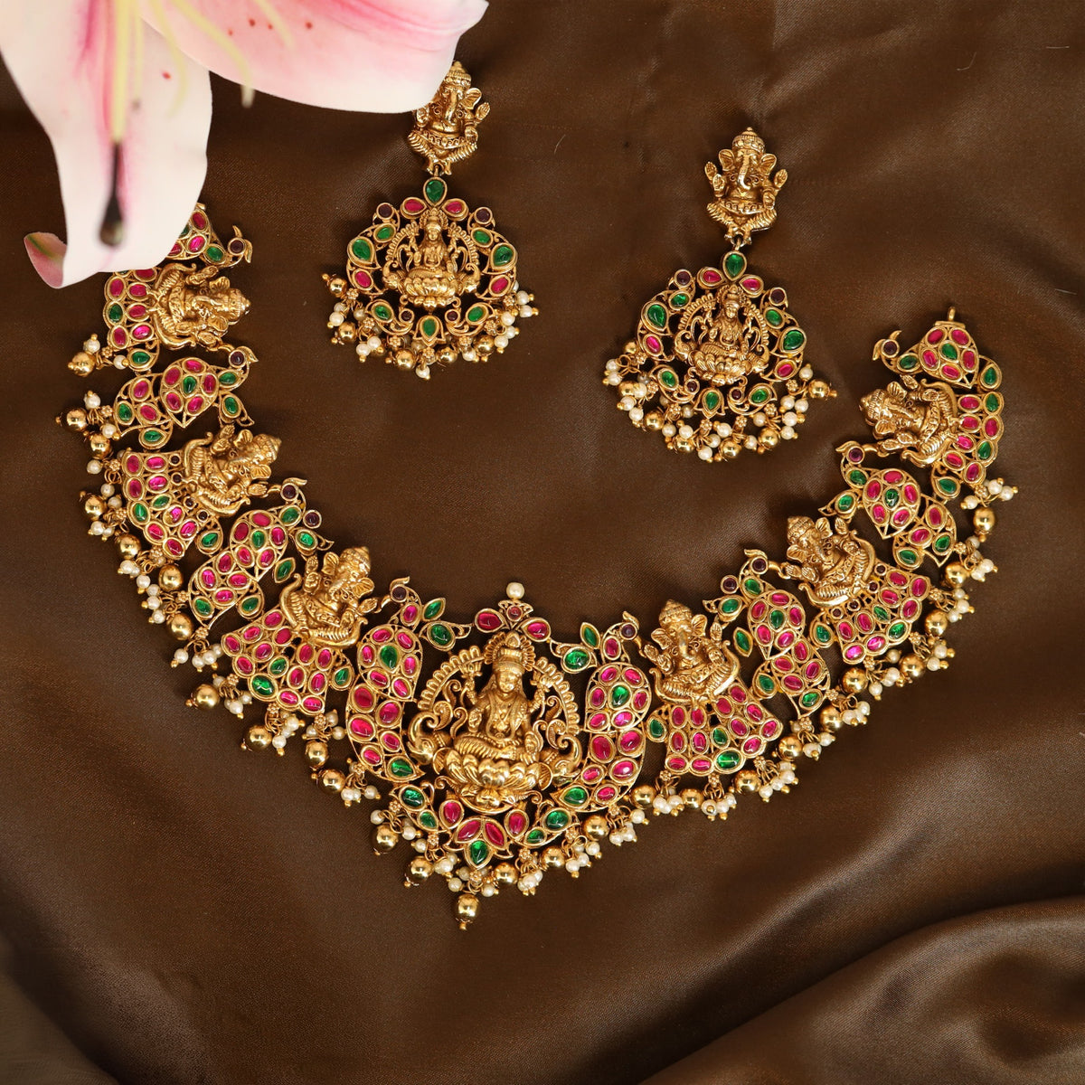 Royal Kempu Necklace With Lakshmi Temple Carvings
