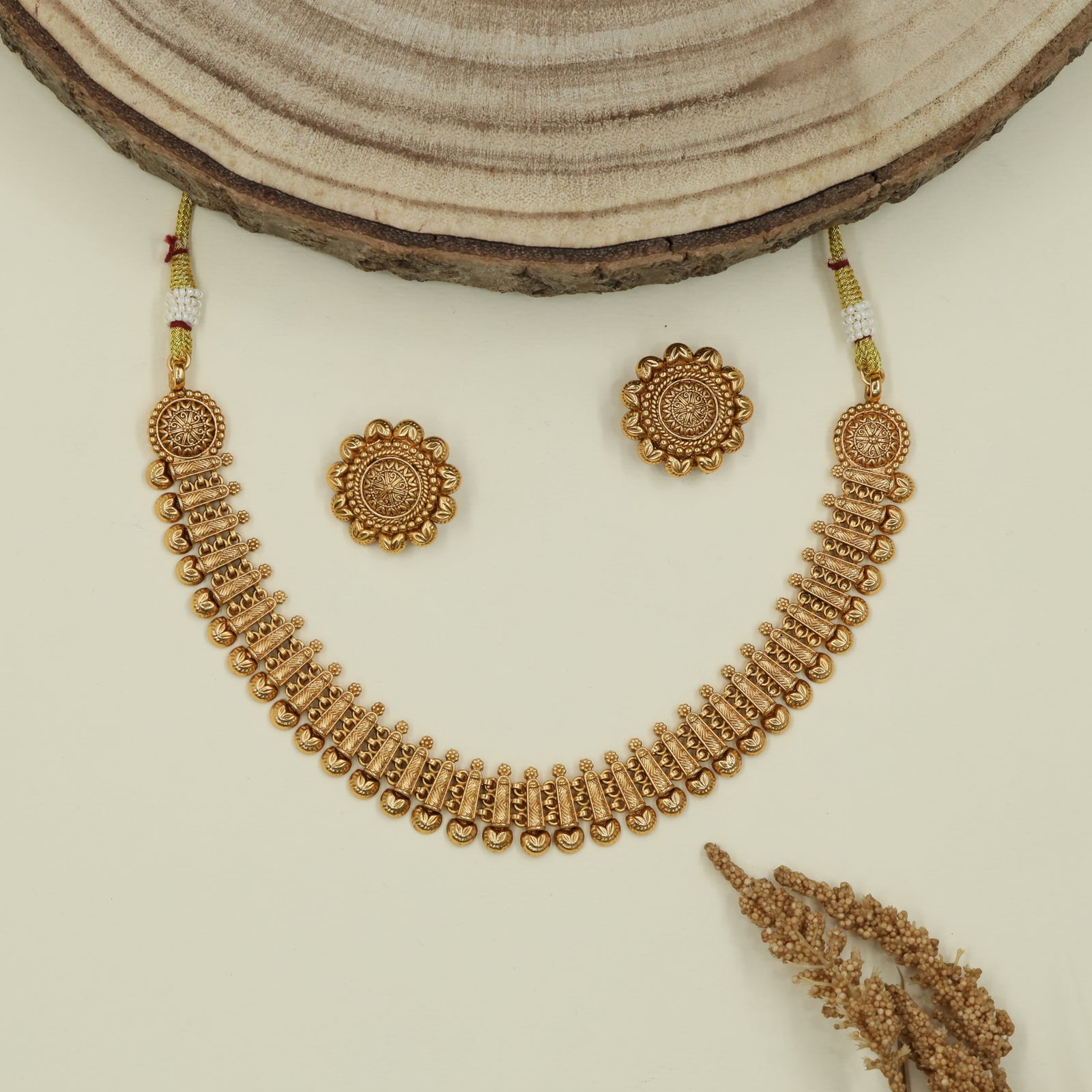 Dense fringe antique necklace with structured bar links and drop clusters