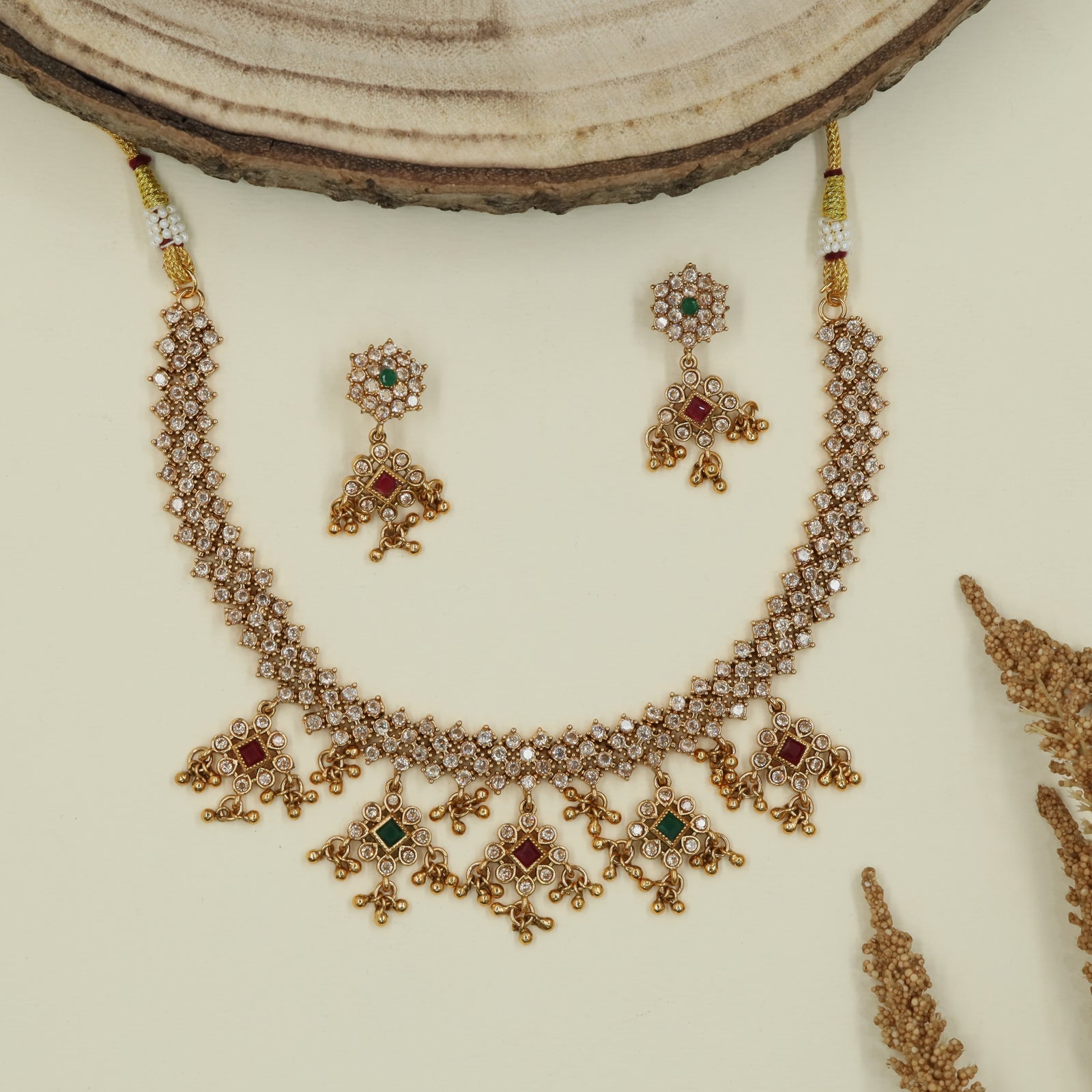 Lattice fringe antique necklace with compact grid band and clustered drop hangings