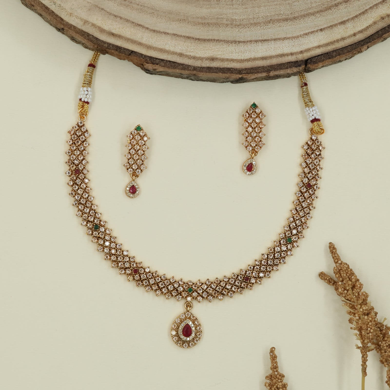 Diamond grid antique necklace with tight lattice band and teardrop pendant