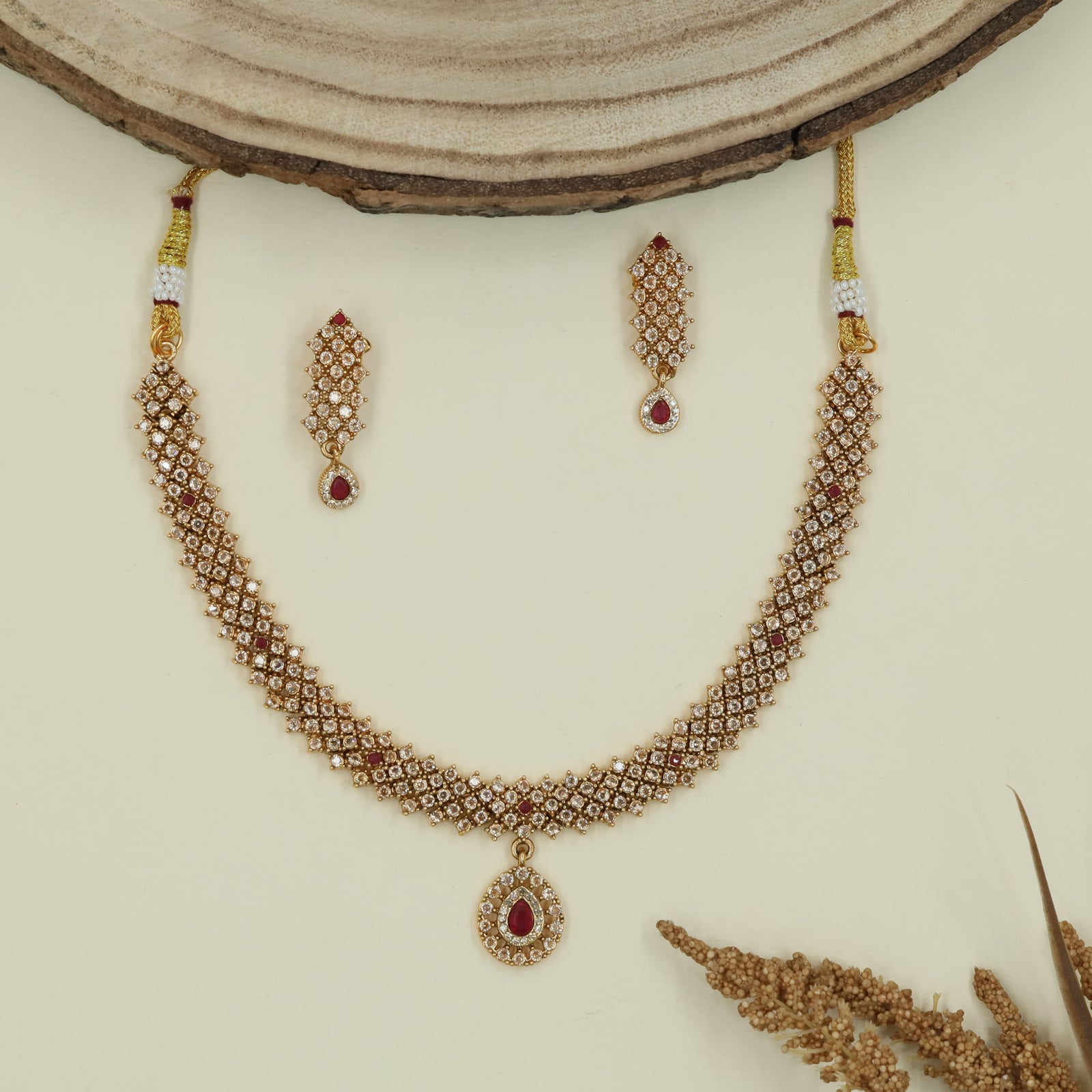 Diamond grid antique necklace with tight lattice band and teardrop pendant