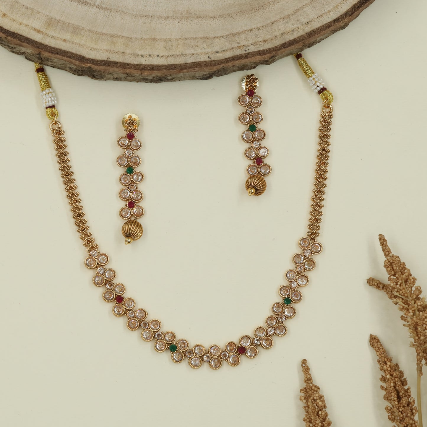 Floral round antique necklace with grouped panels and lightweight chain