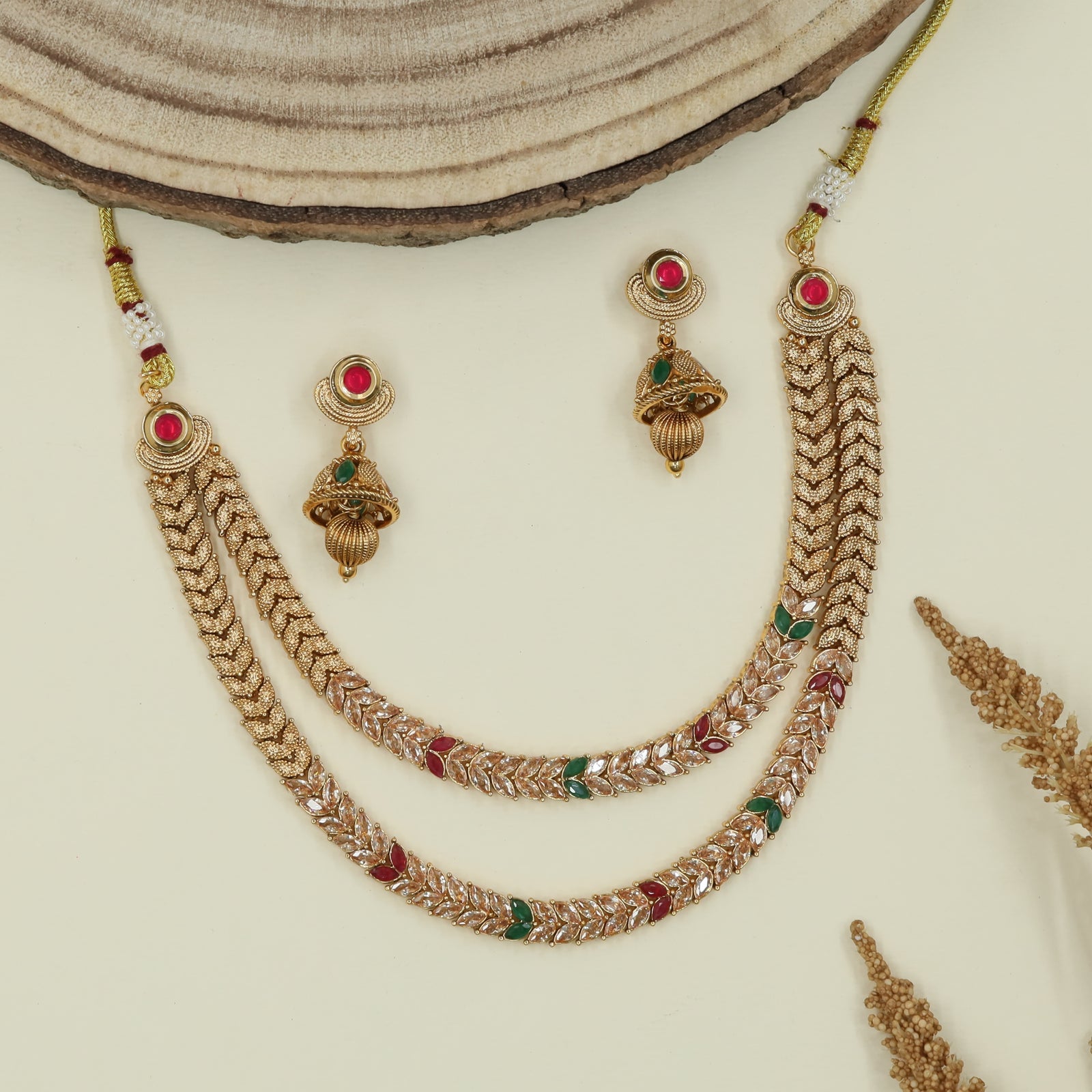 Chevron chain antique necklace with double strand drape and textured link pattern