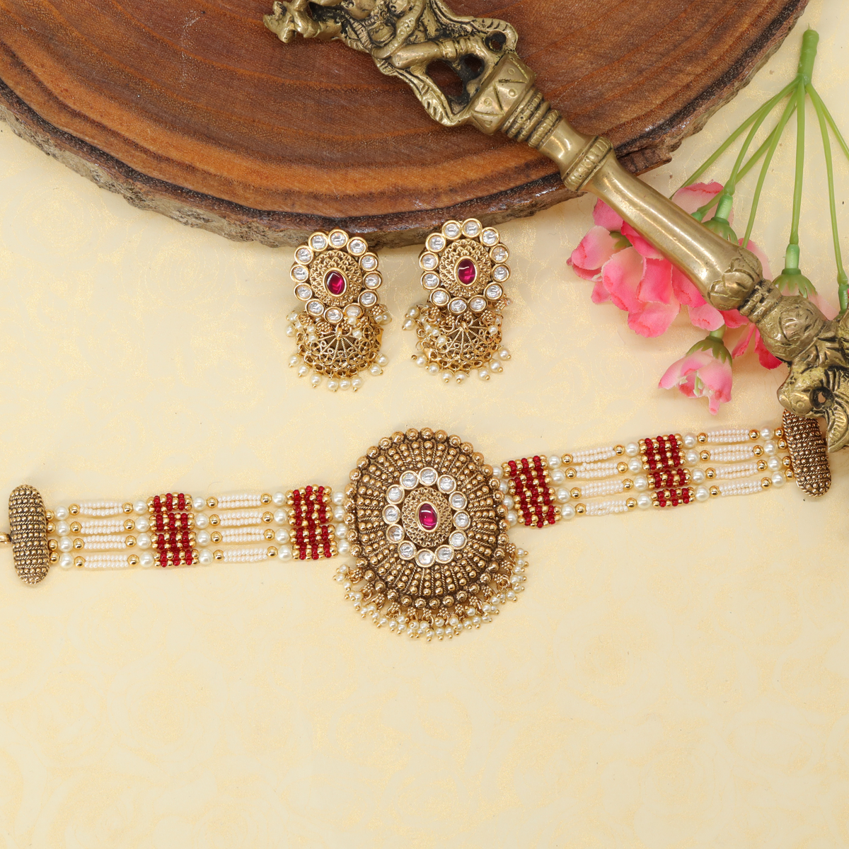 Vishranti Pearl Rekha Choker with Radiant Central Disc and Clustered Fringe