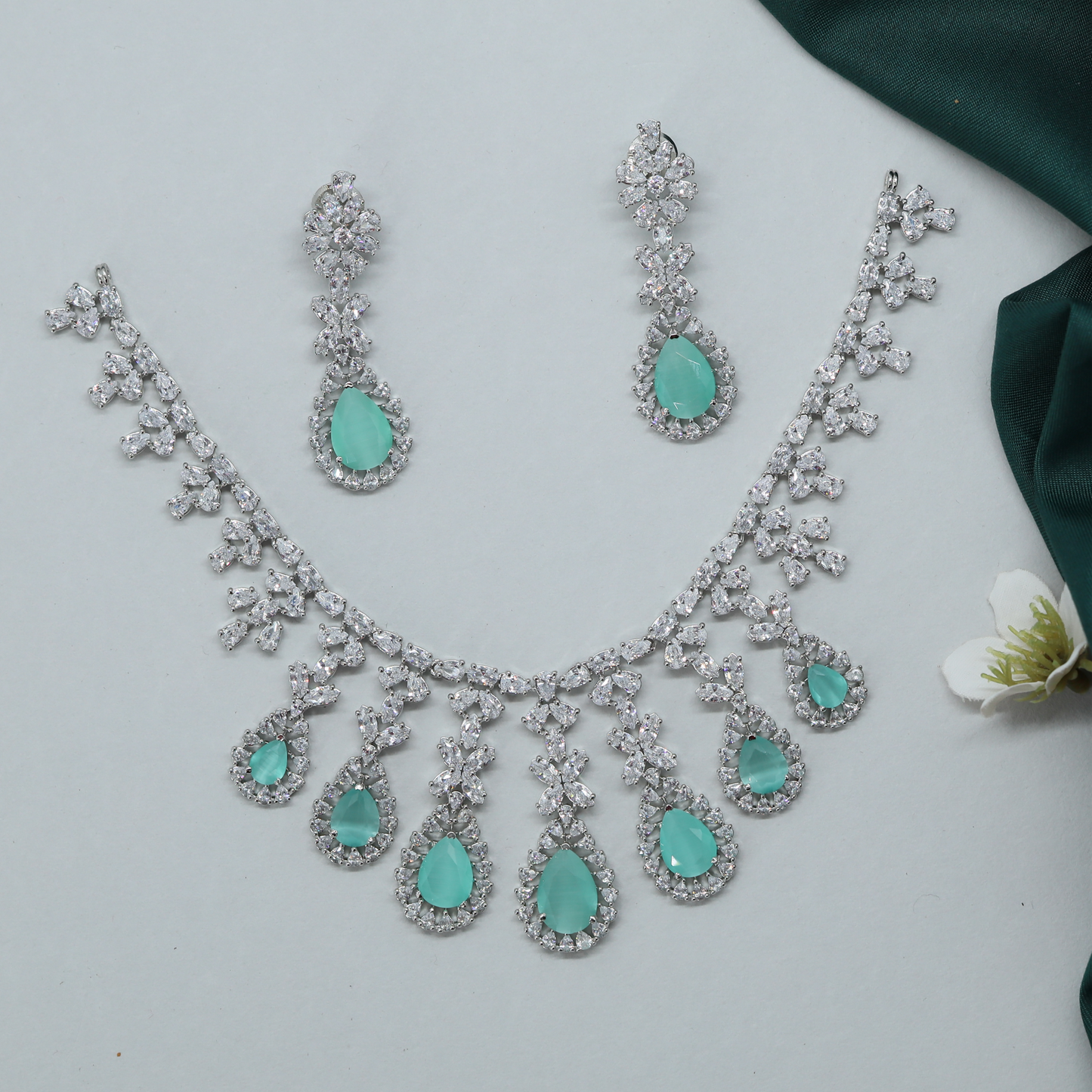 Floral Drop Necklace with Hanging Teardrop Pendants and Matching Earrings