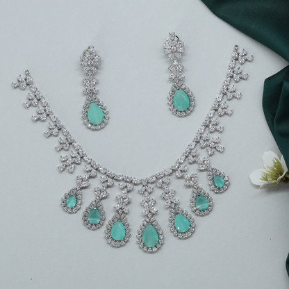 Floral Drop Necklace with Hanging Teardrop Pendants and Matching Earrings