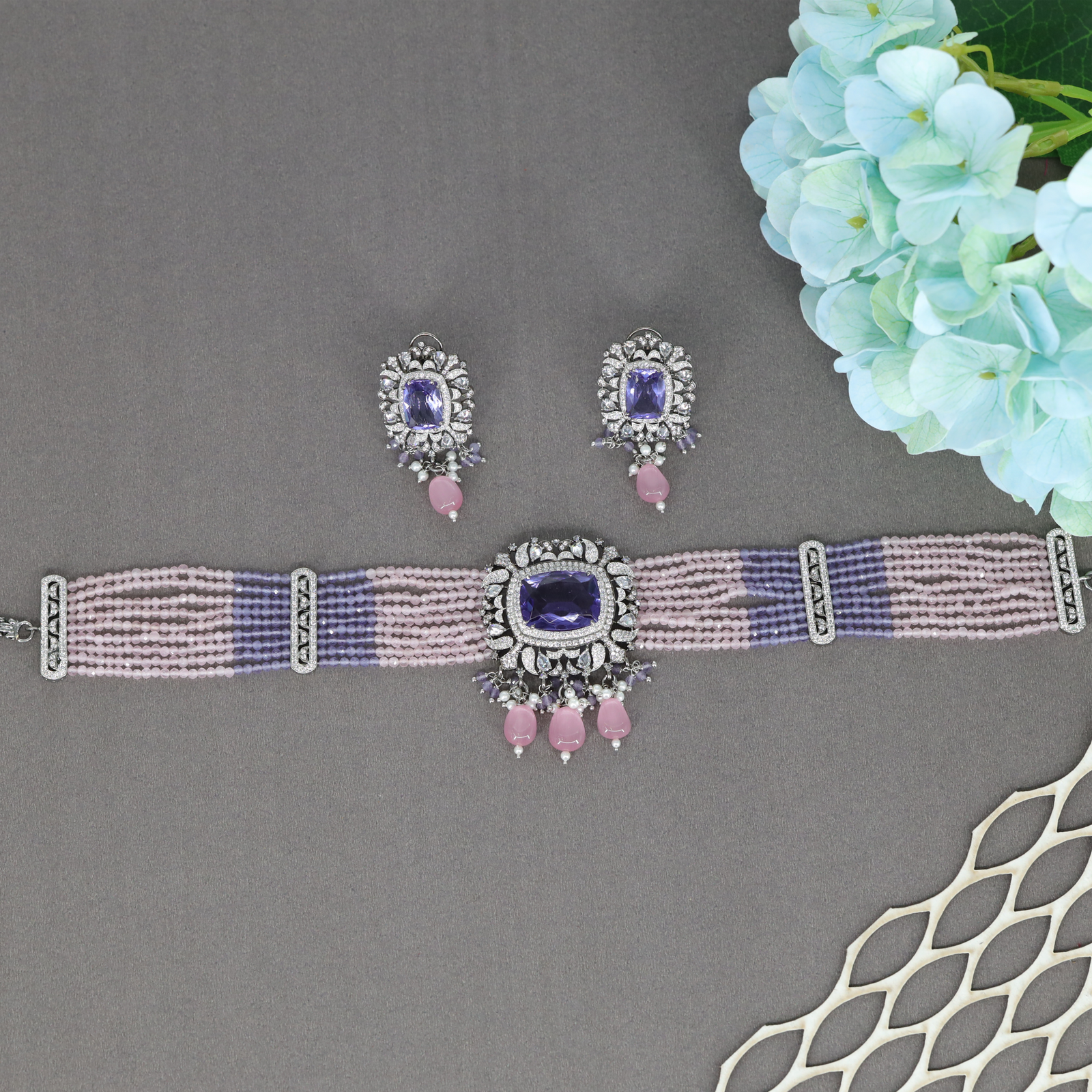 Artisan Crafted Crystal Motif Choker with Layered Beaded Structure